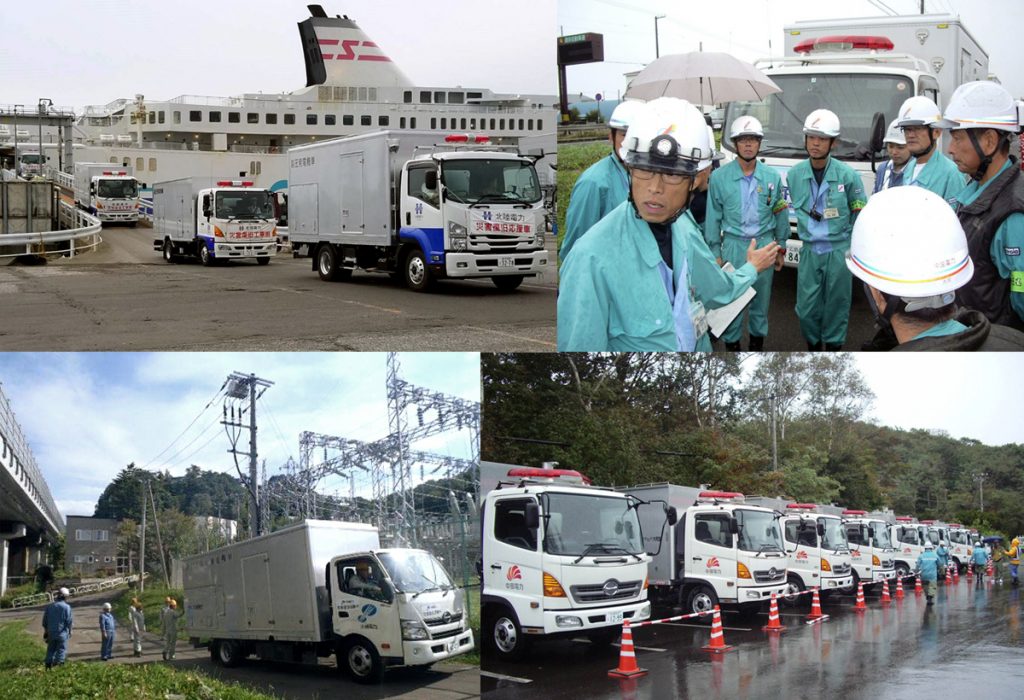 電力需給の逼迫が続く中、全国各地の電力会社から高圧発電機車が続々と集結した。台風２１号による被害の大きかった関西電力を除く、電力８社が、地震直後の６日から順次応援に出発。最も遠い沖縄電力は、７日に出航し、１１日に苫小牧港に到着した。
（写真左上から時計回りに）海路で北海道に入った北陸電力の災害復旧応援車（苫小牧市）。苫小牧エリアに配備された中国電力の移動発電機車。苫小牧エリアで活躍する中部電力の発電機車。小樽変電所で現近確認を行う沖縄電力の応援部隊