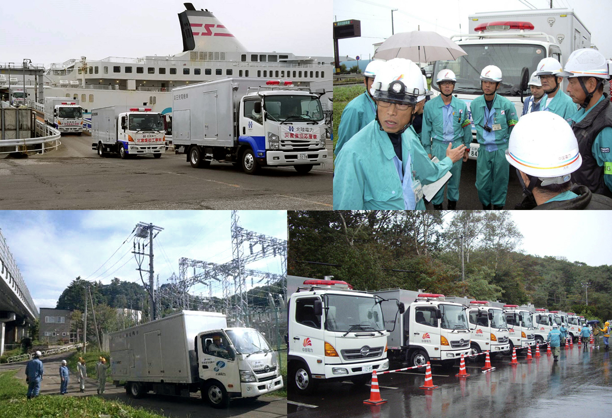 電力需給の逼迫が続く中、全国各地の電力会社から高圧発電機車が続々と終結した。台風２１号による被害の大きかった関西電力を除く、電力８社が応援に駆けつけた。（写真左上から時計回りに）海路で北海道に入った北陸電力の災害復旧応援車（苫小牧市）。苫小牧エリアに配備された中国電力の移動発電機車。苫小牧エリアで活躍する中部電力の発電機車。小樽変電所で現近確認を行う沖縄電力の応援部隊